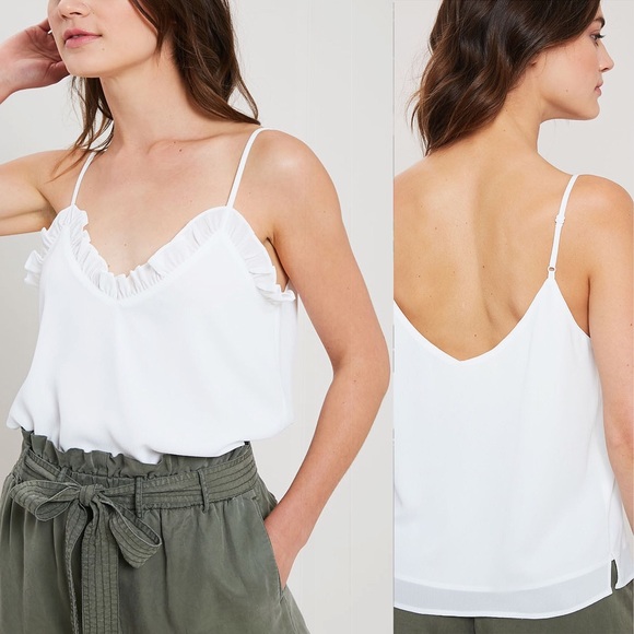 Ruffle Neckline Ribbed Chiffon Camisole Top, White - Picture 4 of 7